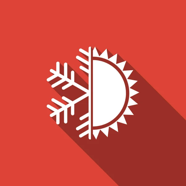 Ζεστό και κρύο σύμβολο. Ήλιος και νιφάδα χιονιού εικονίδιο απομονωμένη με πολύ σκιά. Σύμβολο του χειμώνα και το καλοκαίρι. Επίπεδη σχεδίαση. Εικονογράφηση διάνυσμα — Διανυσματικό Αρχείο