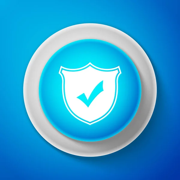 Bouclier blanc avec icône à cocher isolée sur fond bleu. Cercle bouton bleu avec ligne blanche. Illustration vectorielle — Image vectorielle