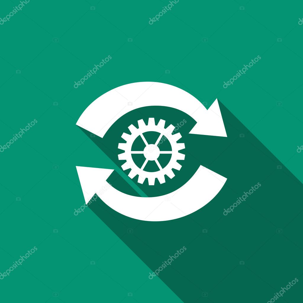 Gear and arrows as workflow concept icon isolated with long shadow. Gear reload sign. Flat design. Vector Illustration
