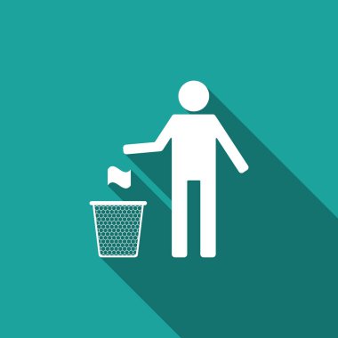 Adam toz kutusu simgesi ile uzun gölge izole içine çöp atma. Sembol geri dönüşüm. Çöp imzalayabilirsiniz. Düz tasarım. Vektör çizim