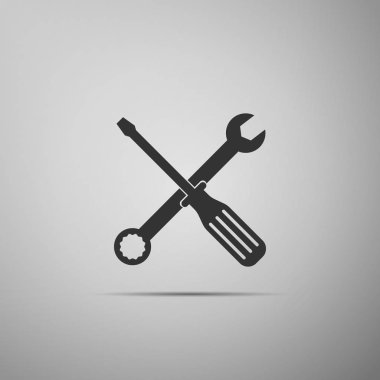 Gri arka plan üzerinde izole somun anahtarı ve tornavida araçlar simgesi. Hizmet aracı simgesi. Düz tasarım. Vektör çizim