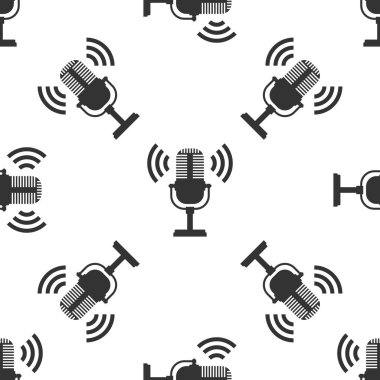 Beyaz arka plan üzerinde mikrofon izole simgesi seamless modeli. Hava radyo mikrofon mikrofon. Konuşmacı işareti. Düz tasarım. Vektör çizim