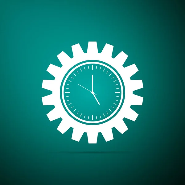 Zegar ikonę koła zębatego na białym tle na zielonym tle. Czas zarządzania symbol. Płaska konstrukcja. Ilustracja wektorowa — Wektor stockowy