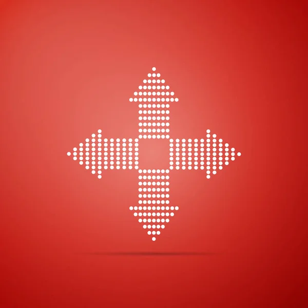 Flechas puntos en cuatro direcciones icono aislado sobre fondo rojo. Diseño plano. Ilustración vectorial — Vector de stock