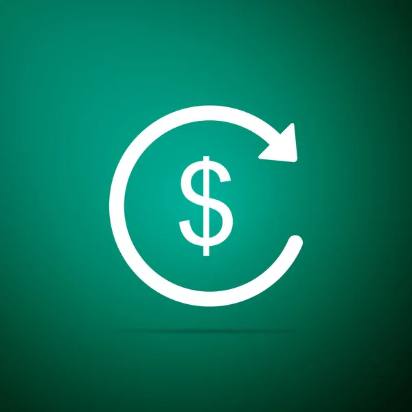 Återbetala pengar ikonen isolerad på grön bakgrund. Finansiella tjänster, kontanter tillbaka koncept, pengar återbetalning, avkastning på investeringar, sparkonto, Valutaväxling. Platt design. Vektorillustration — Stock vektor
