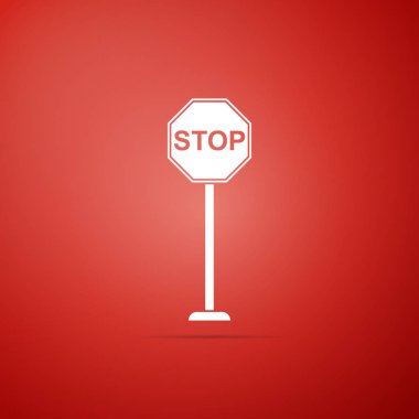 Dur işareti simgesi üzerinde kırmızı arka plan izole. Rating yasal uyarı stop sembolü. Düz tasarım. Vektör çizim