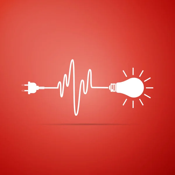 Stecker und Glühbirnen-Symbol isoliert auf rotem Hintergrund. Stecker, Lampe und Kabel in Form von Herzschlag. Konzept der Elektrizität und Beleuchtung. flache Bauweise. Vektorillustration — Stockvektor