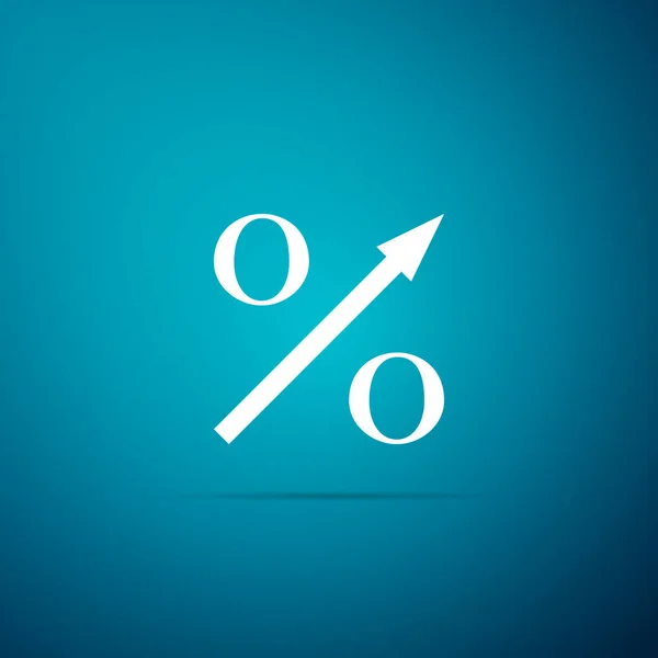 Porcentaje de flecha hacia arriba icono aislado sobre fondo azul. Signo porcentual creciente. Diseño plano. Ilustración vectorial — Vector de stock