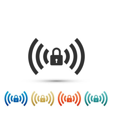 Ücretsiz Wi-fi güvenlik kilidi üzerinde izole beyaz arka plan oturum açın. Şifre kablosuz simgesi. Kablosuz ağ simgesini. Wi-fi bölgesi. Renkli simgeler kümesi öğeleri. Düz tasarım. Vektör çizim