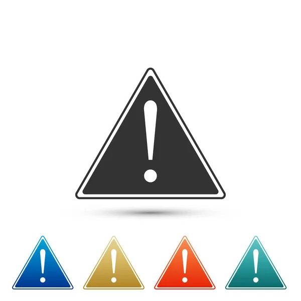 白い背景に分離された三角形のアイコンに感嘆符。危険警告標識、注意、注意、危険の警告の重要なサイン。色付きのアイコンで要素を設定します。フラットなデザイン。ベクトル図 — ストックベクタ