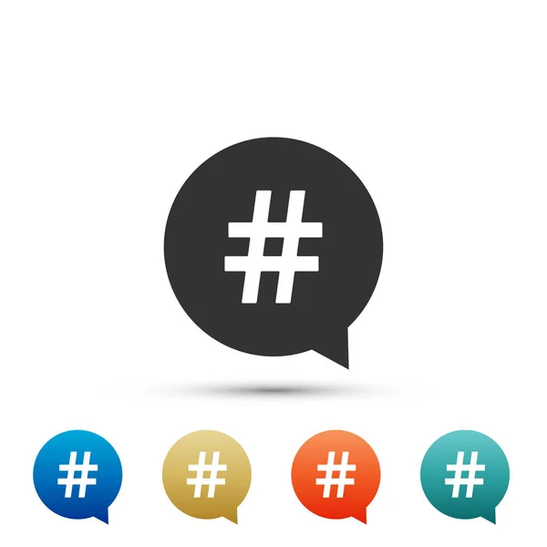 Hashtag no ícone círculo no fundo branco. Símbolo de mídia social, conceito de número de sinal, mídia social, micro blogging pr popularidade. Definir elementos em ícones coloridos. Design plano. Ilustração vetorial — Vetor de Stock