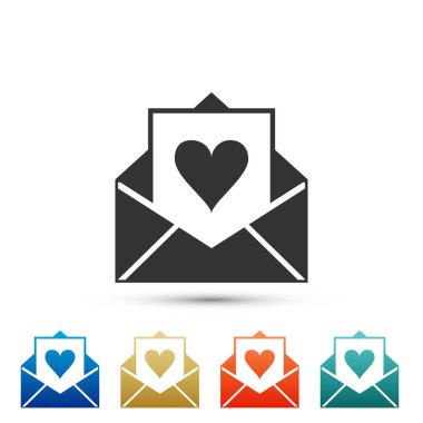 Beyaz arka plan üzerinde izole Sevgililer kalp simgesi olan zarf. Mektubu aşk ve romantizm. Renkli simgeler kümesi öğeleri. Düz tasarım. Vektör çizim