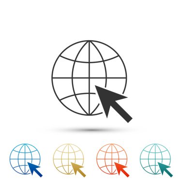 Beyaz arka plan üzerinde izole gitmek için Web simgesi. Küre ve imleç. Web sitesi piktogram. World wide web simgesi. Renkli simgeler kümesi öğeleri. Düz tasarım. Vektör çizim