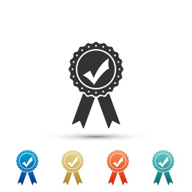 Kurdela ve beyaz arka plan üzerinde izole onay işareti simgesini ile onaylanmış veya onaylı madalya. Renkli simgeler kümesi öğeleri. Düz tasarım. Vektör çizim