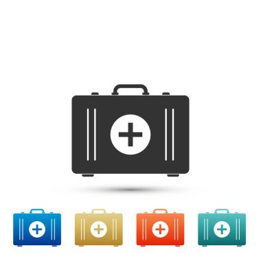 İlk yardım kiti simgesi beyaz arka plan üzerinde izole. Çapraz tıbbi kutusuyla. Acil tıbbi donatımı. Sağlık kavramı. Renkli simgeler kümesi öğeleri. Düz tasarım. Vektör çizim