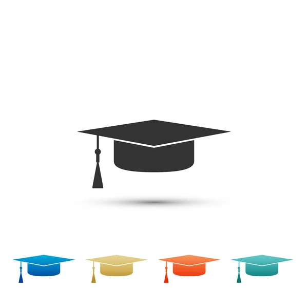 Icône de chapeau de graduation isolé sur fond blanc. Chapeau de graduation avec icône de pompon. Définir les éléments dans les icônes colorées. Design plat. Illustration vectorielle — Image vectorielle