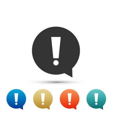 Daire simgesi beyaz arka plan üzerinde izole ünlem işareti. Tehlike uyarı sembolü. Renkli simgeler kümesi öğeleri. Düz tasarım. Vektör çizim