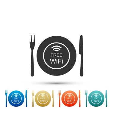 Beyaz arka plan üzerinde izole Restoran ücretsiz Wi-Fi bölgesi kutsal kişilerin resmi. Tabak, çatal ve bıçak oturum açın. Renkli simgeler kümesi öğeleri. Düz tasarım. Vektör çizim