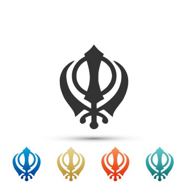 Beyaz arka plan üzerinde izole Sihizm din Khanda sembolü kutsal kişilerin resmi. Khanda Sih sembolü. Renkli simgeler kümesi öğeleri. Düz tasarım. Vektör çizim