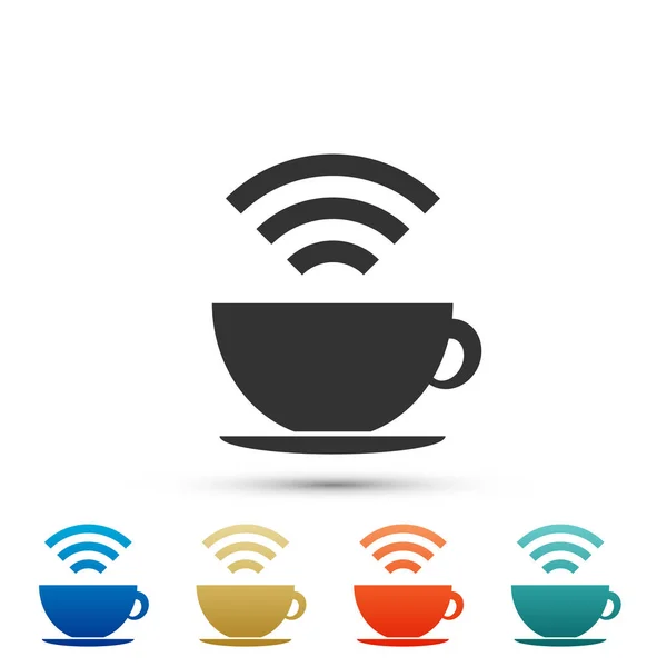 Cafetería con icono de zona Wi-Fi gratis aislado sobre fondo blanco. Señal de conexión a Internet. Establecer elementos en iconos de colores. Diseño plano. Ilustración vectorial — Vector de stock