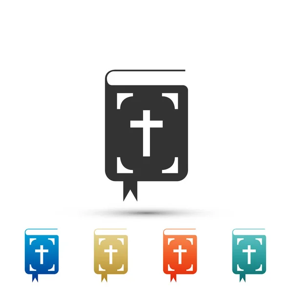 Icona del libro biblico isolata su sfondo bianco. Libro della Sacra Bibbia segno. Imposta elementi in icone colorate. Design piatto. Illustrazione vettoriale — Vettoriale Stock