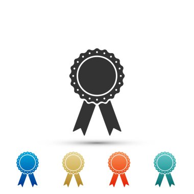 Beyaz arka plan üzerinde izole kurdele simgesi ile madalya rozet. Renkli simgeler kümesi öğeleri. Düz tasarım. Vektör çizim