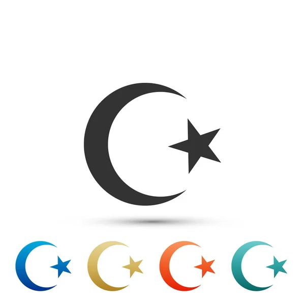 Estrella y media luna - símbolo del icono del Islam aislado sobre fondo blanco. Símbolo de religión. Establecer elementos en iconos de colores. Diseño plano. Ilustración vectorial — Archivo Imágenes Vectoriales