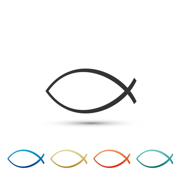 Chrześcijańskiej ryby symbol ikona na białym tle. Symbol ryby Jezusa. Zestaw elementów w kolorowe ikony. Płaska konstrukcja. Ilustracja wektorowa — Wektor stockowy