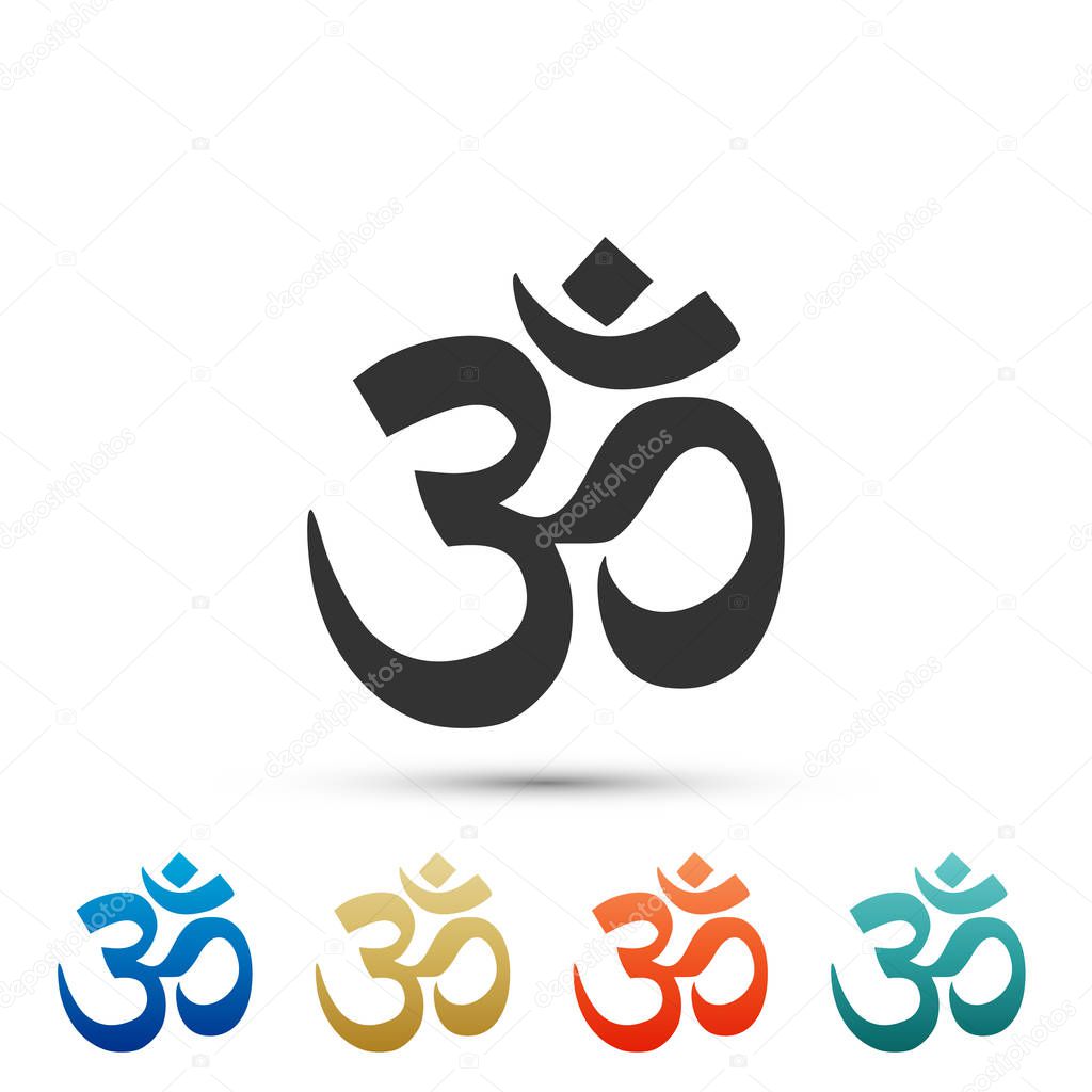 Om or Aum Indian sacred sound icon isolated on white background. Symbol of Buddhism and Hinduism religions. The symbol of the divine triad of Brahma, Vishnu and Shiva. Flat design. Vector Illustration