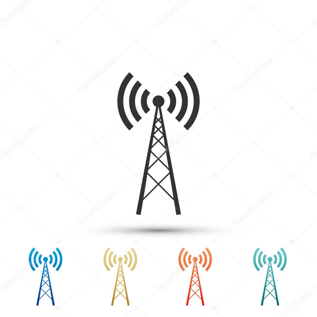 Antenna icon isolated on white background. Radio antenna wireless. Technology and network signal radio antenna. Set elements in colored icons. Flat design. Vector Illustration