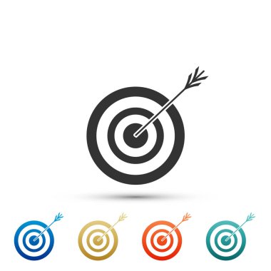 Beyaz arka plan üzerinde izole ok simgesi ile hedef. Yönetim Kurulu üye dart. Okçuluk kurulu simgesi. Dart tahtası işareti. İş hedefi kavramı. Renkli simgeler kümesi öğeleri. Düz tasarım. Vektör çizim