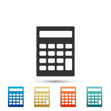 Beyaz arka plan üzerinde izole hesap makinesi simge. Muhasebe sembolü. İşletme hesaplamalar matematik eğitimi ve finans. Renkli simgeler kümesi öğeleri. Düz tasarım. Vektör çizim