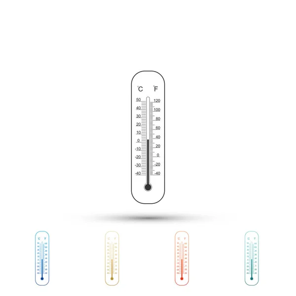 Termômetros de meteorologia Celsius e fahrenheit medindo calor e ícone frio isolados em fundo branco. Equipamento termômetro mostrando clima quente ou frio. Ícones coloridos. Ilustração vetorial —  Vetores de Stock