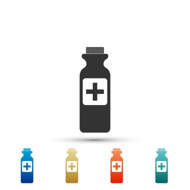 Beyaz arka plan üzerinde izole tıp hapları simgesi ile şişe. Tablet sembolü. Sağlık. Renkli simgeler kümesi öğeleri. Düz tasarım. Vektör çizim