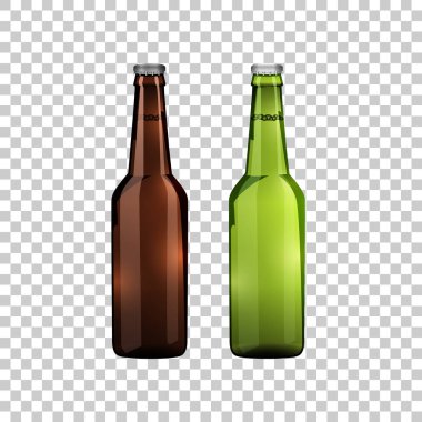 Gerçekçi kahverengi ve yeşil bira şişeleri yalıtılmış nesne üzerinde şeffaf arka plan cam. Vektör çizim