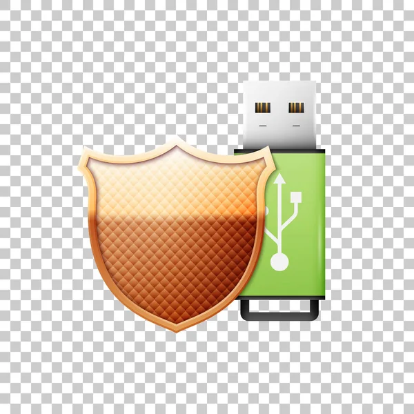 Réaliste lecteur flash USB vert et protection or bouclier objet isolé sur fond transparent. Illustration vectorielle — Image vectorielle