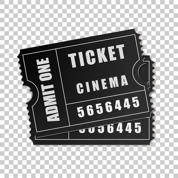 Realistic Two black cinema tickets isolated object on transparent background. Cinema, theater, concert, movie, performance, party, event festival ticket template. Admit one. Vector Illustration — Stock Vector