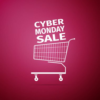 Cyber Pazartesi Satılık. Alışveriş sepeti simgesi üzerinde mor arka plan izole. Düz tasarım. Vektör çizim