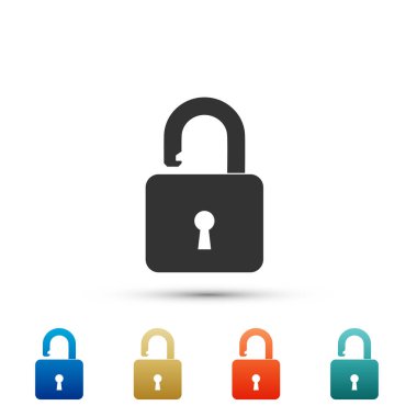 Beyaz arka plan üzerinde izole açık asma kilit simgesi. Kilit simgesi. Renkli simgeler kümesi öğeleri. Düz tasarım. Vektör çizim