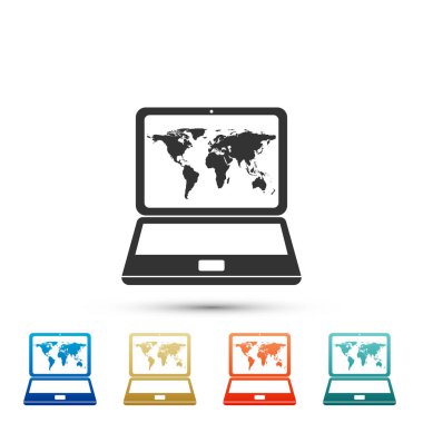 Dünya Haritası üzerinde beyaz arka plan izole ekran simgesine sahip dizüstü bilgisayarı. Dünya harita Coğrafya sembolü. Renkli simgeler kümesi öğeleri. Düz tasarım. Vektör çizim