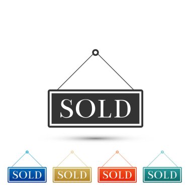 Beyaz arka plan üzerinde izole satılan işareti. Satılan etiket. Satılan tabela. Renkli simgeler kümesi öğeleri. Düz tasarım. Vektör çizim