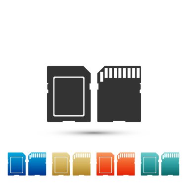 Sd kartı simgesi beyaz arka plan üzerinde izole. Hafıza kartı. Uyarlamak kutsal kişilerin resmi. Renkli simgeler kümesi öğeleri. Düz tasarım. Vektör çizim