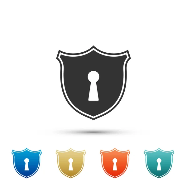 Shield with keyhole icon isolated on white background. Protection and security concept. Safety badge icon. Privacy banner. Defense tag. Set elements in colored icons. Flat design. Vector Illustration — Stock Vector