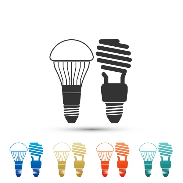 Sparsame LED-Leuchtmittel und Leuchtstoffröhren-Symbol isoliert auf weißem Hintergrund. Energiesparlampen sparen. Elemente in farbigen Symbolen setzen. flache Bauweise. Vektorillustration — Stockvektor