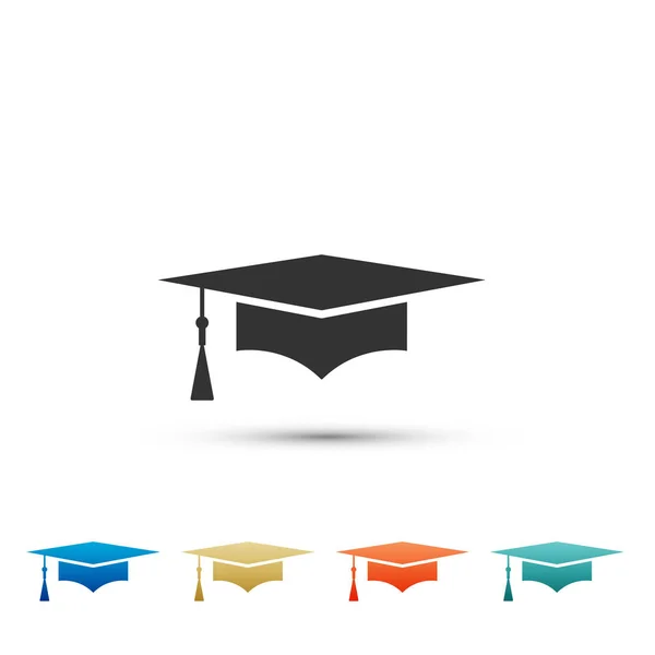 Icône de chapeau de graduation isolé sur fond blanc. Chapeau de graduation avec icône de pompon. Définir les éléments dans les icônes colorées. Design plat. Illustration vectorielle — Image vectorielle