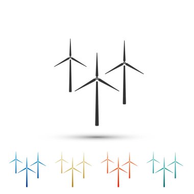 Rüzgar türbini simgesi beyaz arka plan üzerinde izole. Rüzgar jeneratör işareti. Yel değirmeni siluet. Yel değirmenleri elektrik enerjisi üretim için. Renkli simgeler kümesi öğeleri. Düz tasarım. Vektör çizim