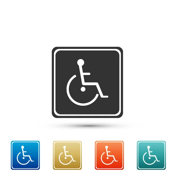 Άτομα με ειδικές ανάγκες Χάντικαπ εικονίδιο απομονώνονται σε λευκό φόντο. Αναπηρικό αμαξίδιο αναπηρίας σημάδι. Ορίστε στοιχεία σε χρωματιστές εικόνες. Επίπεδη σχεδίαση. Εικονογράφηση διάνυσμα — Διανυσματικό Αρχείο