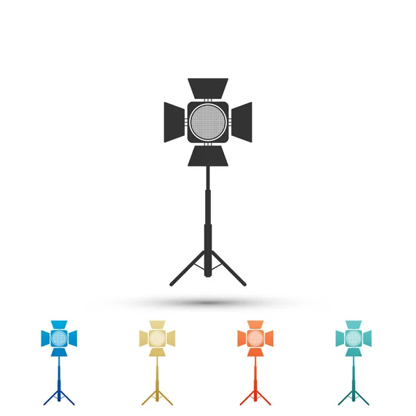 Spotlight filmpictogram geïsoleerd op een witte achtergrond. Lichteffect. Scène, Studio, Toon. Set elementen in gekleurde pictogrammen. Platte ontwerp. Vectorillustratie — Stockvector