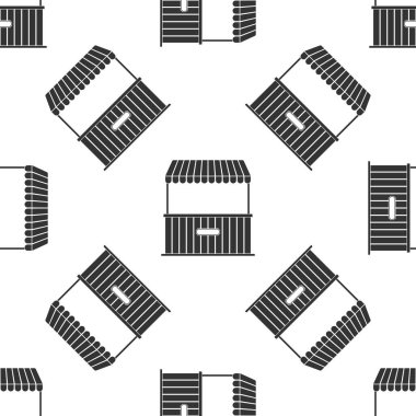 Tente ve beyaz arka plan üzerinde ahşap raf simgesi seamless modeli ile sokak durak. Kiosk ahşap raf ile. Düz tasarım. Vektör çizim