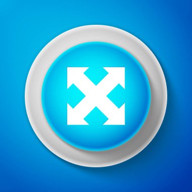 Üzerinde mavi arka plan izole dört yönden simgesi beyaz okları. Beyaz çizgili daire mavi düğme. Vektör çizim